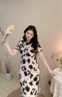 胖mm显瘦气质新中式 大码 国风旗袍连衣裙200斤夏 自制款 黑玫瑰