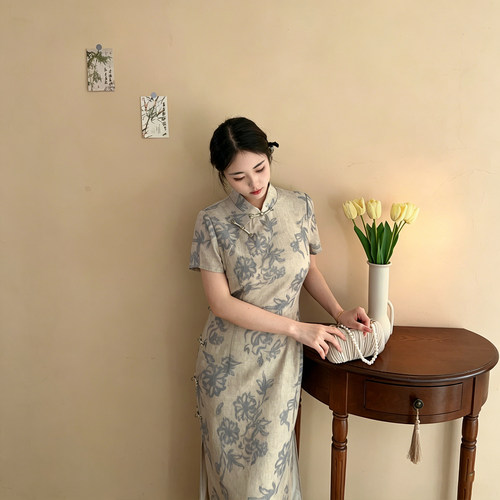 新中式大码短袖清冷感棉麻旗袍