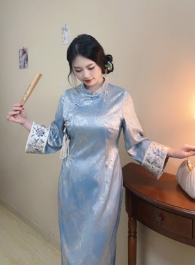 蓝翠【自制款】早春新品~新中式蓝色刺绣大码胖mm显瘦旗袍国风女