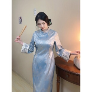 蓝色刺绣大码 蓝翠 新中式 早春新品 胖mm显瘦旗袍国风女 自制款