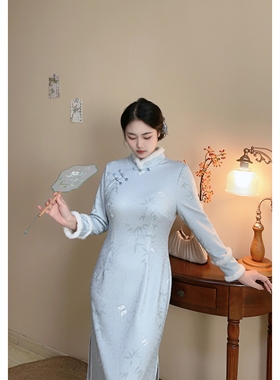 静舒【自制款】蓝色气质加绒加厚大码胖mm少女新中式旗袍连衣裙冬