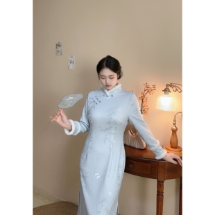 胖mm少女新中式 蓝色气质加绒加厚大码 旗袍连衣裙冬 自制款 静舒