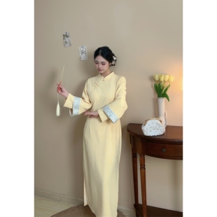 胖mm旗袍连衣裙日常款 月桂枝头 少女显白大码 黄色新中式 自制款