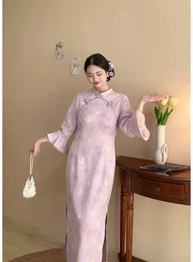 晓蝶【自制款】新中式淡紫色高贵清雅大码胖mm旗袍气质连衣裙绝美