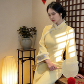 新年旗袍连衣裙 黄色新中式 旗袍女复古风气质加绒加厚冬季 白玉