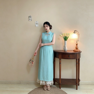 青荷谣【自制款】清冷感水滴领新中式棉麻感温婉大码胖mm旗袍长裙