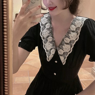 自制款 胖mm法式 暗夜玫瑰 大码 复古刺绣连衣裙女 冰丝凉爽感