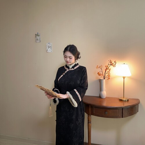 黑色大码加绒显瘦新中式旗袍裙
