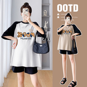 孕妇上衣夏季 休闲套装 纯棉短袖 小个子时尚 百搭200斤 T恤中长款 大码