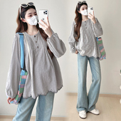 春季 2026新款 时尚 大码 长袖 衬衫 条纹宽松娃娃衫 上衣女200斤 孕妇装