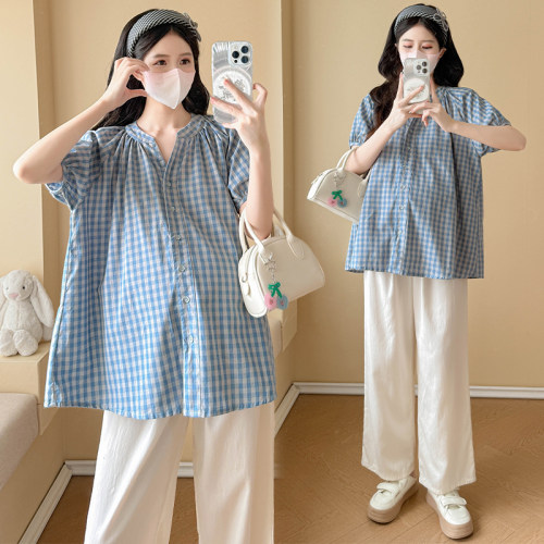 大码孕妇上衣夏格子衬衫女中长款