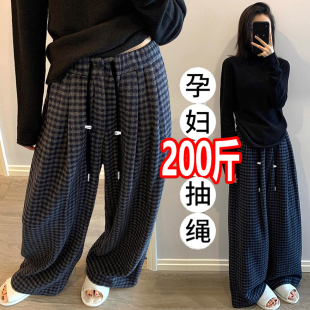 女加厚磨毛棉裤 大码 慵懒休闲长裤 秋冬毛呢格子阔腿裤 200斤 孕妇裤