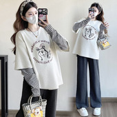 减龄显瘦200斤 t恤上衣女条纹拼接假两件时尚 大码 孕妇卫衣春秋长袖