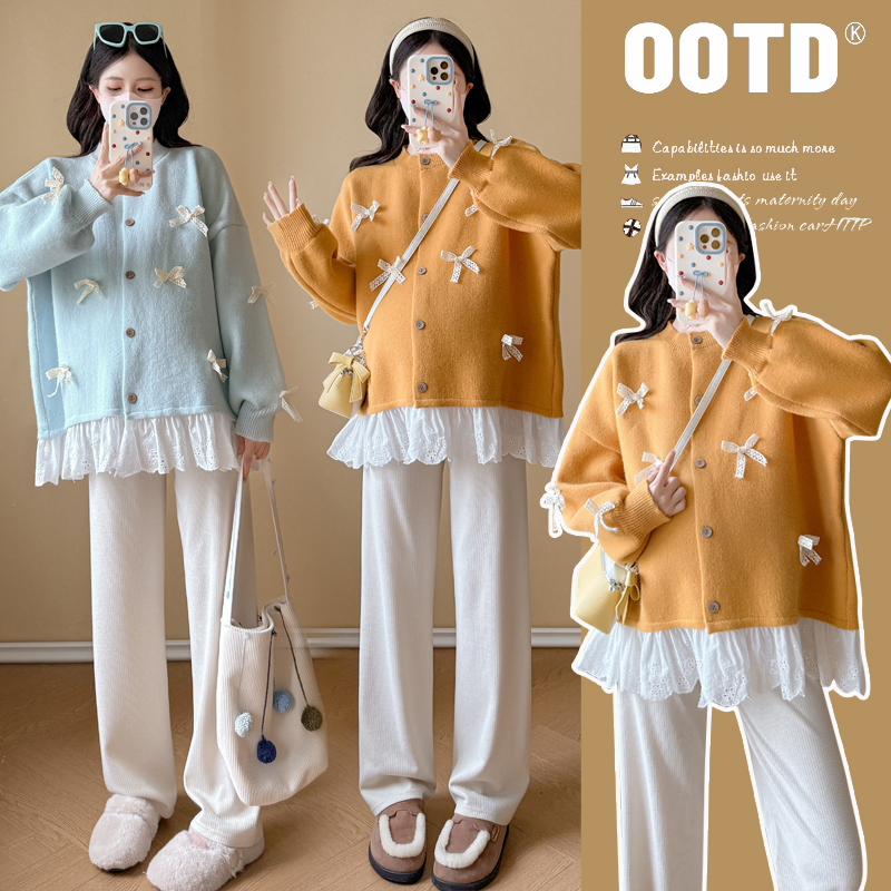 大码孕妇毛衣开衫外套女秋冬蕾丝