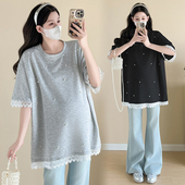 大码 钉珠蕾丝花边宽松减龄显瘦200斤 设计感中长款 孕妇短袖 T恤夏装