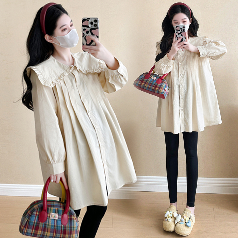 大码孕妇装衬衫春季新款长袖上衣中长款娃娃衫时尚潮妈气质200斤