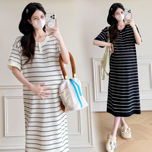 大码孕妇连衣裙夏季2026新款网红时尚休闲宽松条纹针织裙女200斤