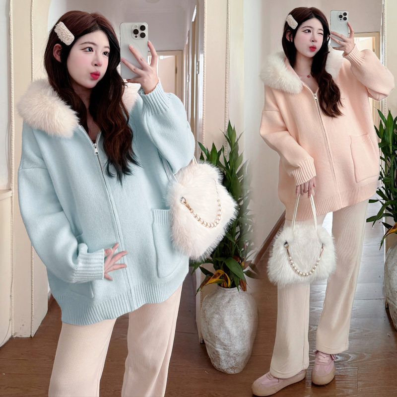 大码孕妇秋冬毛衣连帽开衫外套女