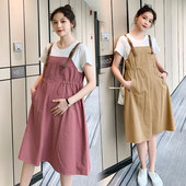 时尚 中长款 拼接假两件女气质显瘦200斤潮 孕妇背带连衣裙夏季 大码