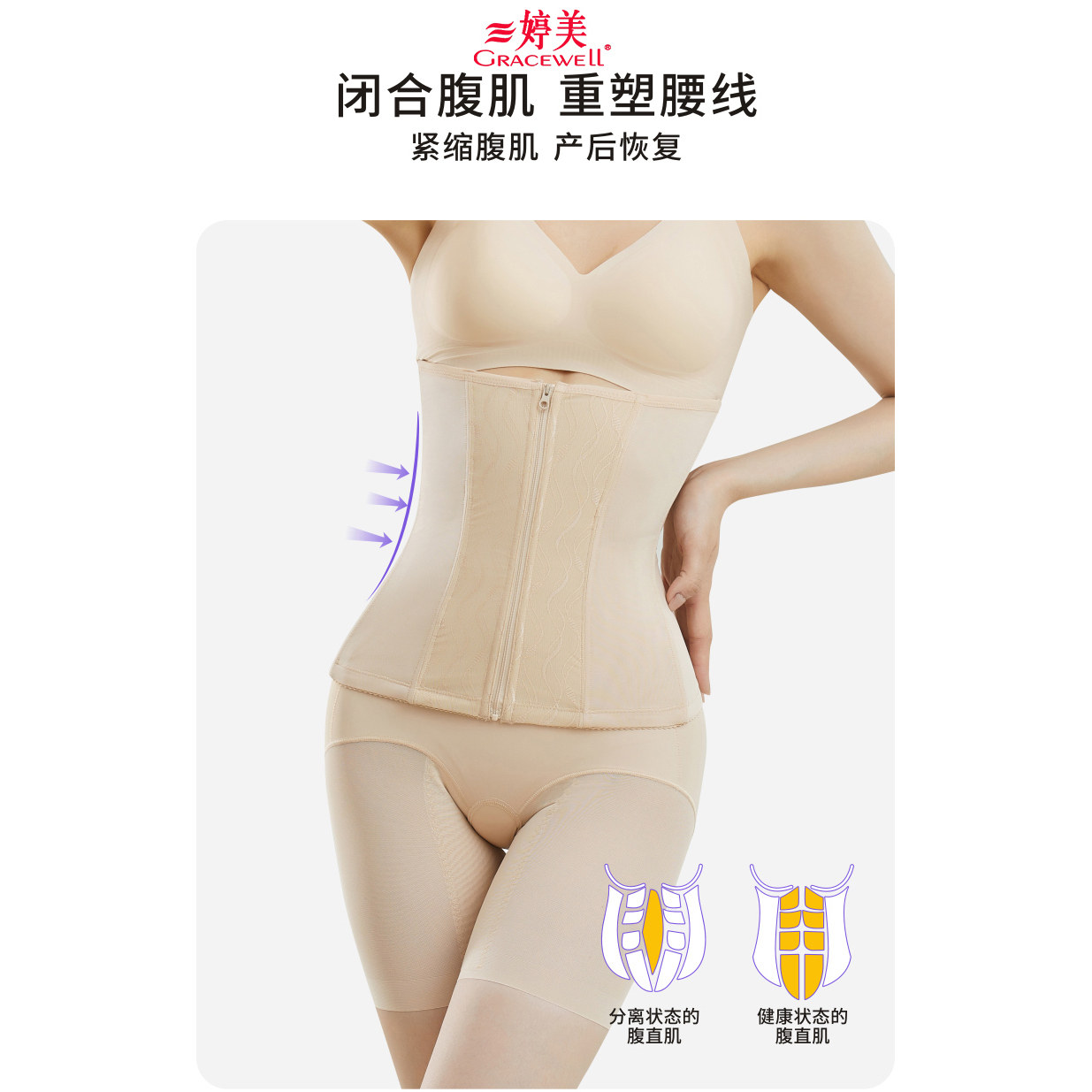 婷美塑形束腰带加压带排扣高腰高弹力收腹带健身护腰带亲肤透气女