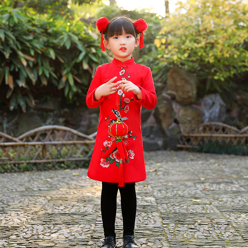 女童旗袍冬加绒儿童唐装女宝宝中国风新年拜年服小女孩古筝演出服