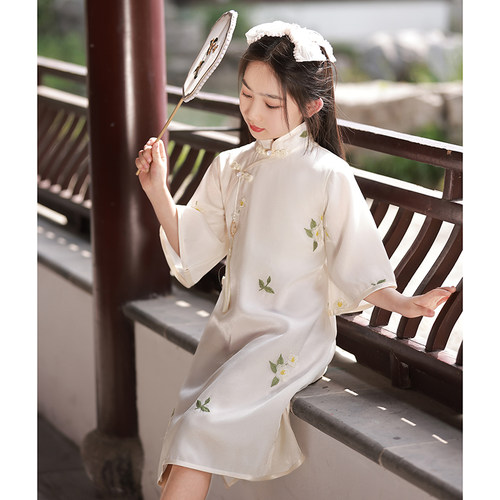 女童唐装旗袍中国风古筝演出服
