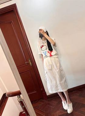 现货~kew*夏季白色工装机能半裙+kitty联名印花宽松棉质短袖T恤