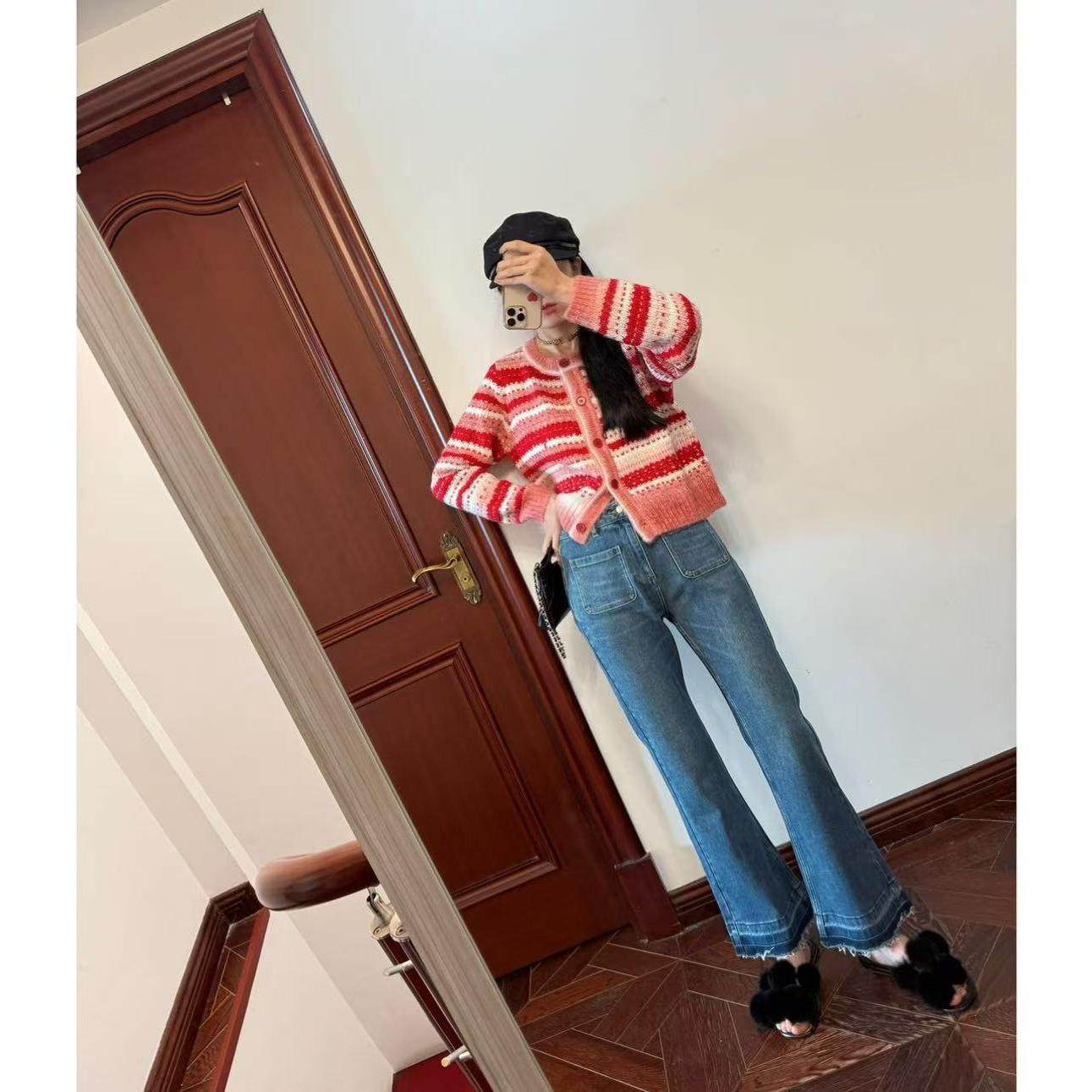 现货~ 正单！ba~小心机设计口袋显瘦毛边牛仔裤+sw条纹开衫外套