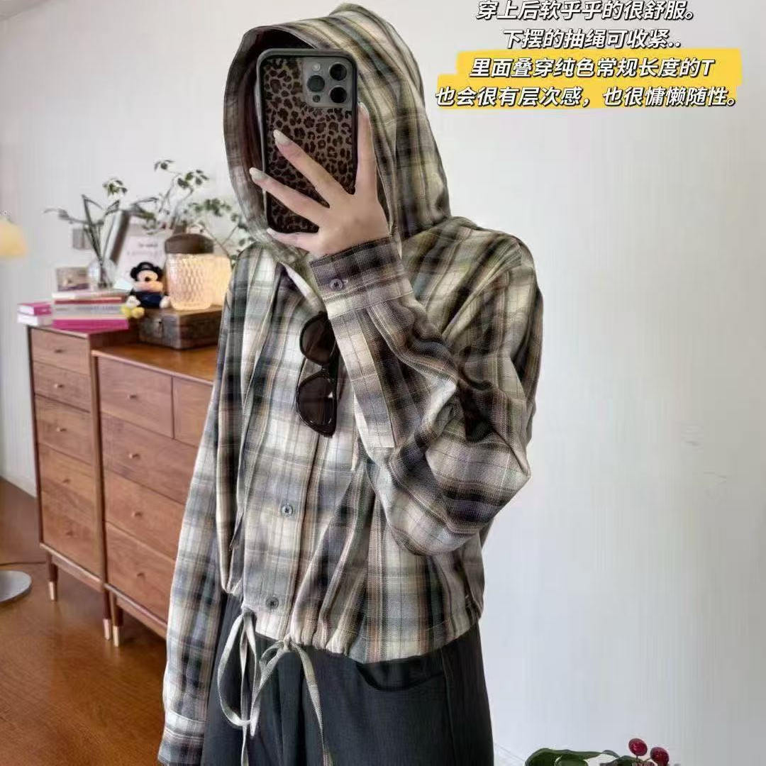 MCHIC | 北欧a~c~纯棉法兰绒磨毛格纹衬衣带帽外套 白鹿同款