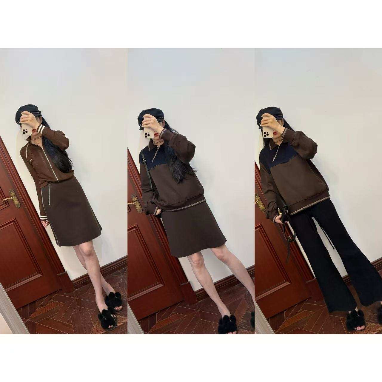 MCHIC|高级感拉满~miu系斜拉链撞色卫衣+a字老钱风栗子色高腰半裙