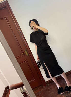 现货~纤瘦优雅！Zhzh 25春新~短袖扭结侧开叉长款T恤连衣裙