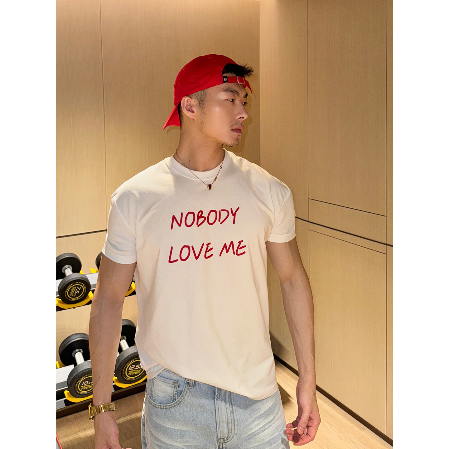 RIVER/夏季索罗娜冰感棉NOBODY LOVE ME字母爆袖运动短袖