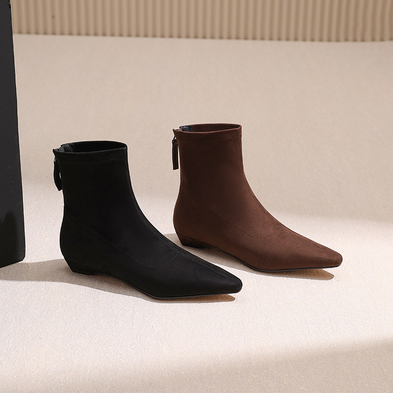 AMEINOR棕色法式尖头弹力靴新款瘦瘦靴2025秋冬舒适平底短筒女靴,女鞋,弹力靴/袜靴,淘宝优惠券,粉丝福利购,淘宝优惠卷