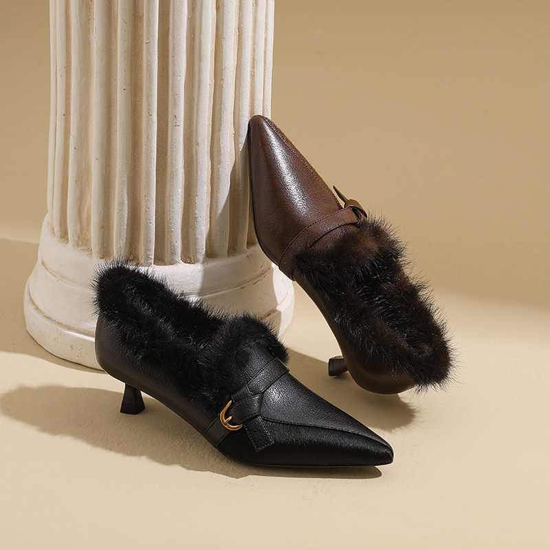 AMEINOR冬季时尚外穿毛毛鞋2025新款尖头小细跟真皮加绒保暖单鞋,女鞋,深口单鞋,淘宝优惠券,粉丝福利购,淘宝优惠卷
