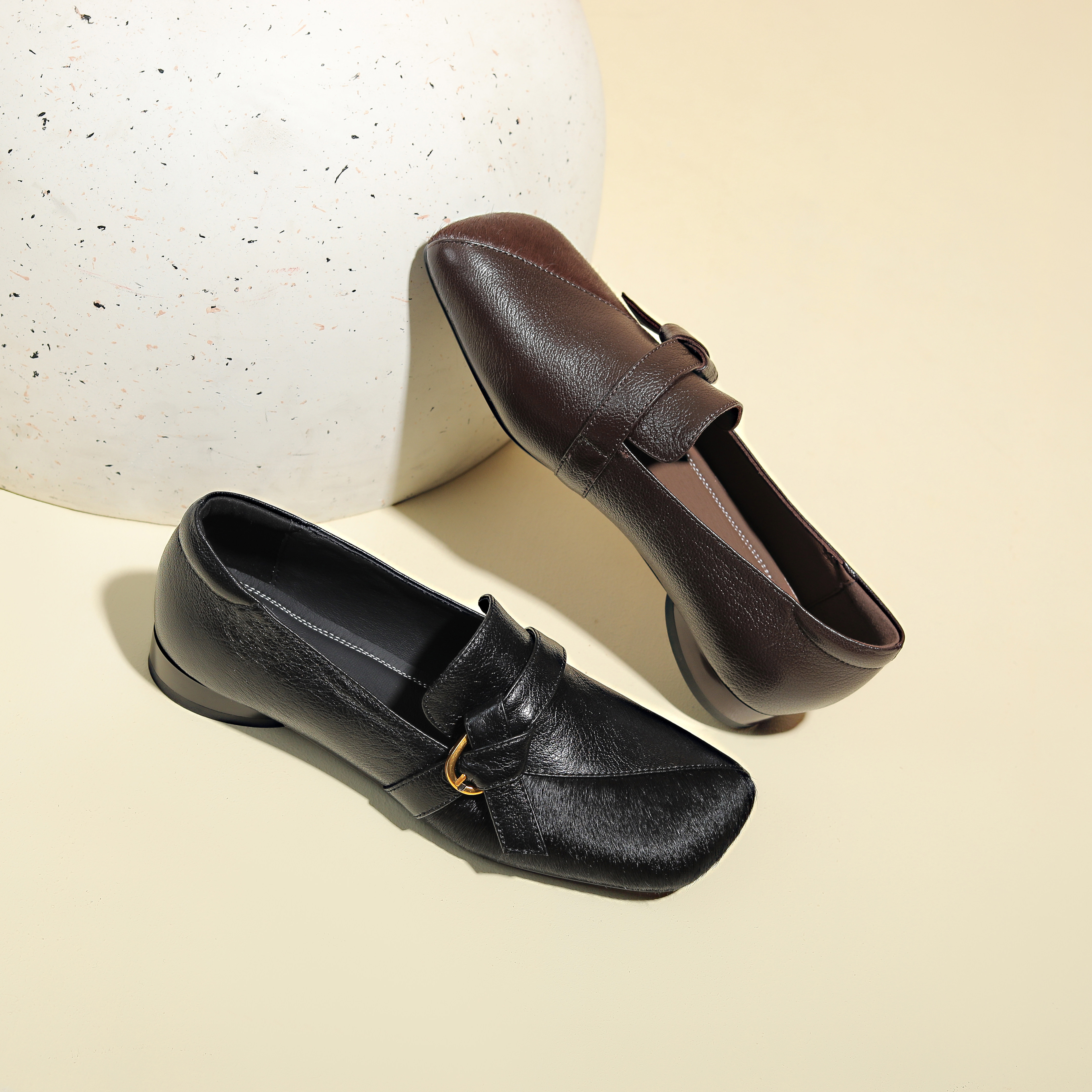 AMEINOR简约百搭马毛拼接低跟深口单鞋女2026真皮方头粗跟乐福鞋