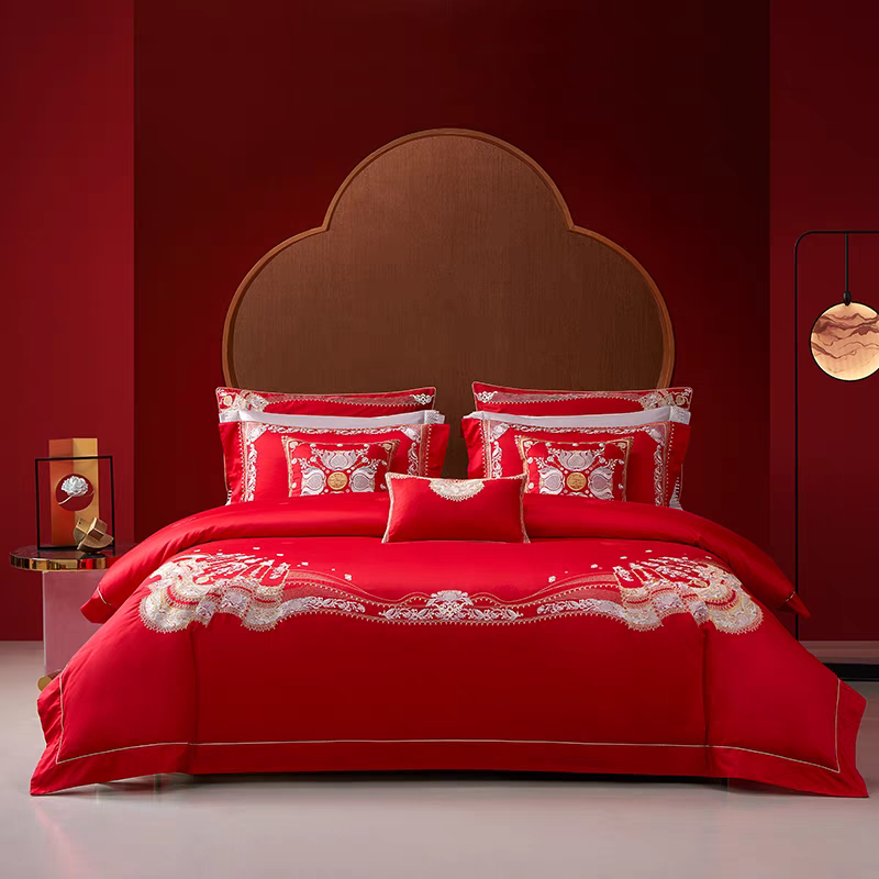 梦洁婚庆绣花六件套 2024中式结婚大红喜被婚房被套床单 金银良缘