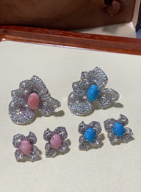 兰花四叶花925银镀金镶嵌满钻闪闪花瓣珠宝工艺套装天然女王贝