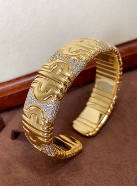 宫廷中古弹力手镯925银镀厚金镀真金镶嵌满钻回形针式手镯宽16mm