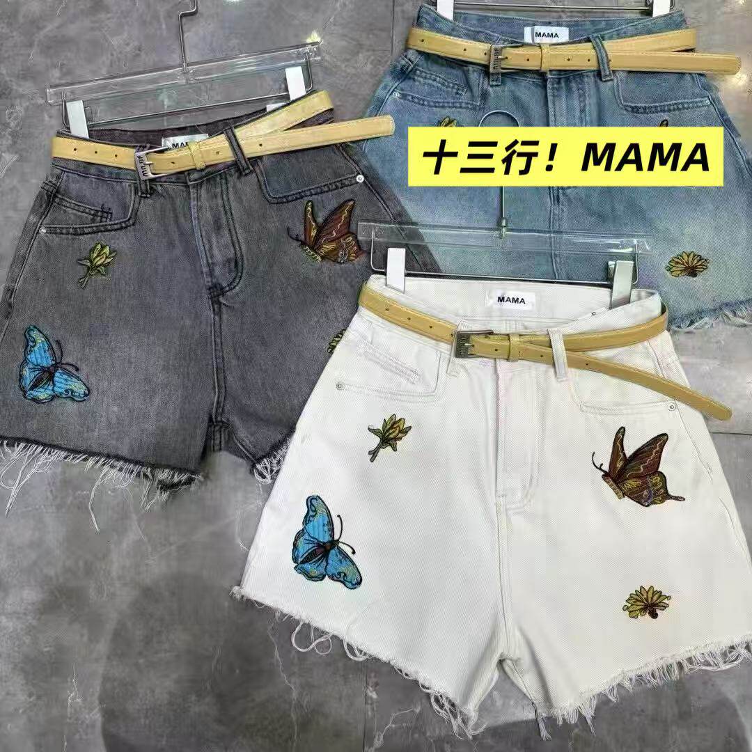 04/16Z 十三行MAMA！高腰显瘦重工蝴蝶刺绣毛边A字版阔腿短裤123