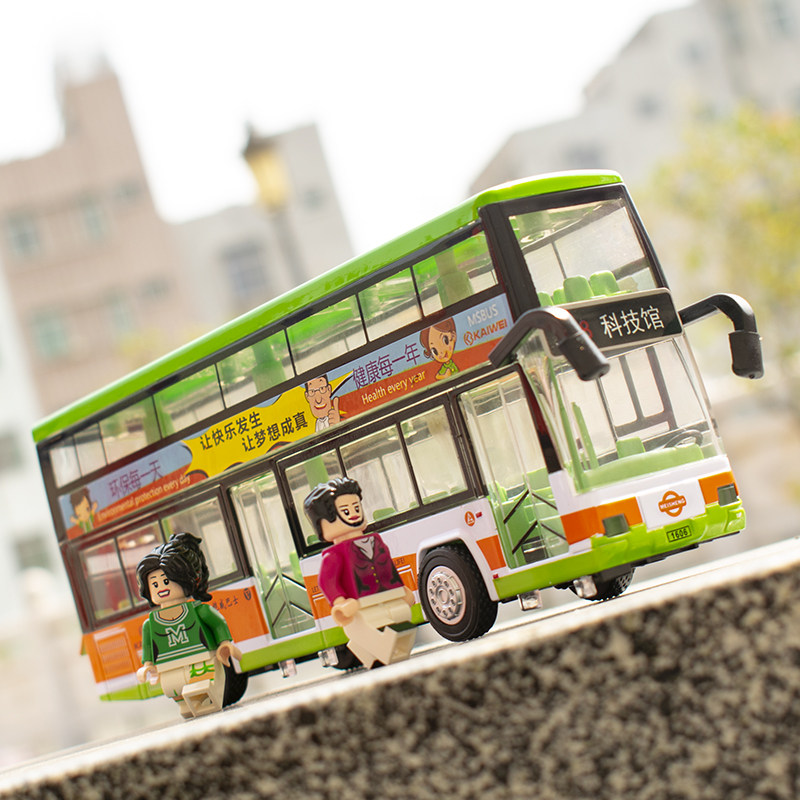 观光车合金汽车超高双层巴士公交公共汽车客车语音灯光玩回力玩具