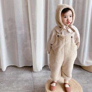 特~【断码包邮】软糯~洋气儿童宝宝松垮羊羔绒连体裤背带裤+帽子