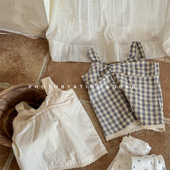 女童夏装 韩版 格子吊带衬衫 小清新 夏季 童装 夏款 衬衣 蝴蝶结吊带衫