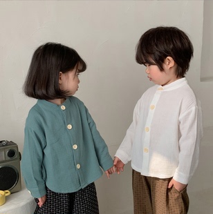 【断码】棉纱衬衫男童衬衫春秋立领洋气女童纯色衬衣宝宝长袖上衣