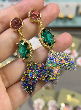灵动彩色镶钻鱼尾耳环小众创意设计感耳坠时尚轻奢高级感耳饰