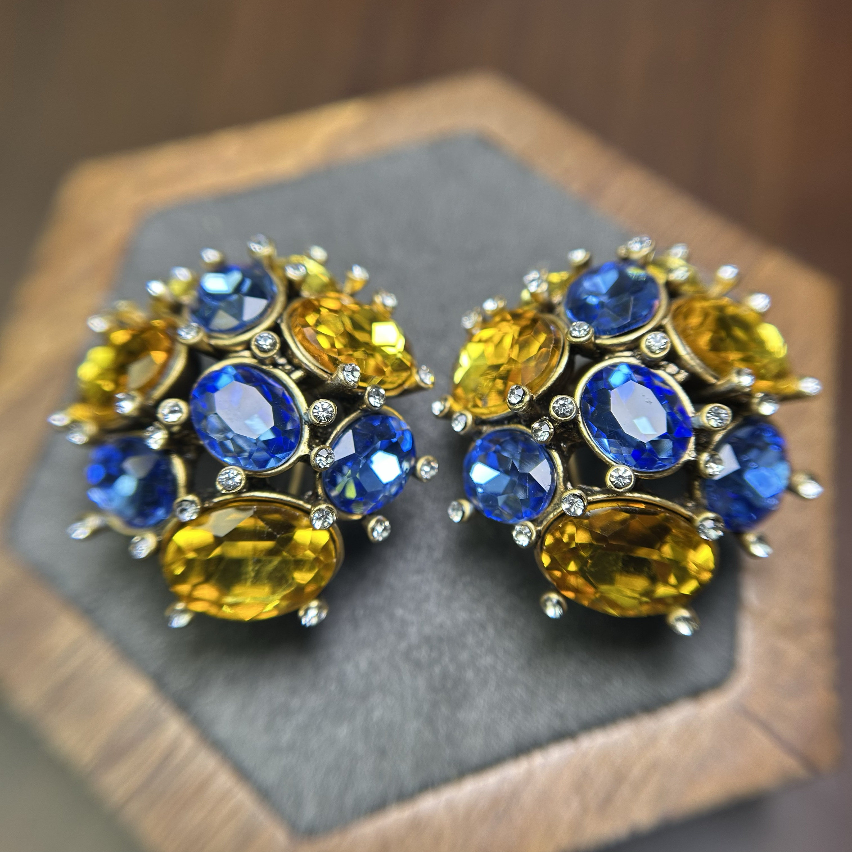 中古夸张耳环项链套装黄蓝水晶撞色毛衣链时尚大气小众个性耳饰