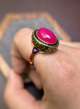 复古戒指梅红色珐琅彩民族风精致高级戒指可调节