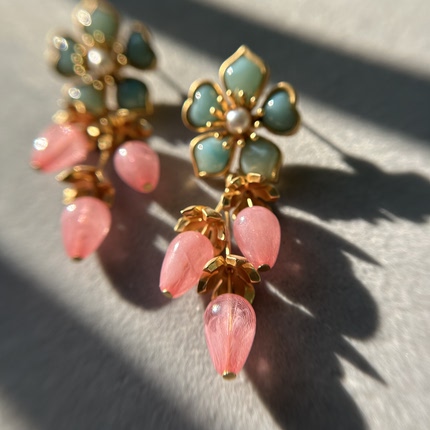 中古vintage轻奢耳环银针花朵流苏珍珠耳钉百搭高级感时尚耳饰女