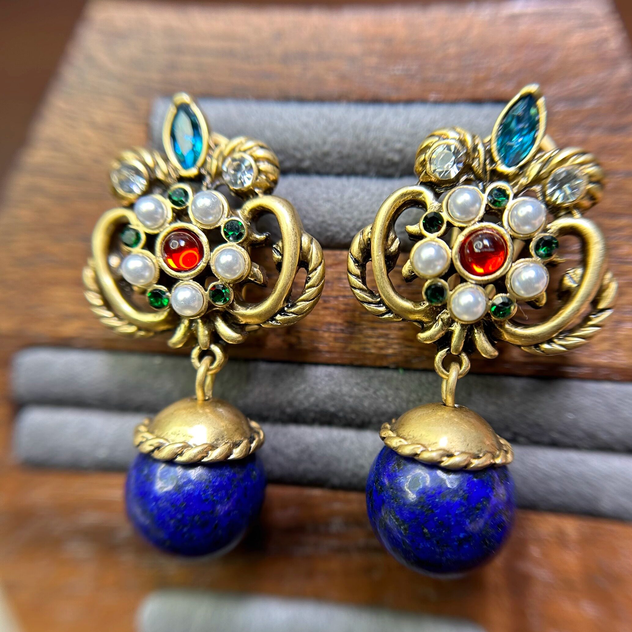 中古vintage鸢尾花青金石吊坠耳钉925银针复古宫廷优雅珍珠耳饰