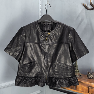 陈太太同款真皮马夹女绵羊皮圆领木耳边短袖皮衣2025秋季新款外套