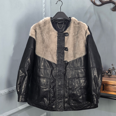 欧货2025冬季牛皮油蜡鹅绒羽绒服女中长款时尚皮毛一体中长款显瘦